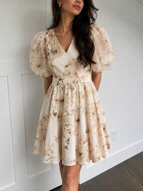My Clarissa Floral Puff Sleeve Fit & Flare Magnolia Print Dress in Beige